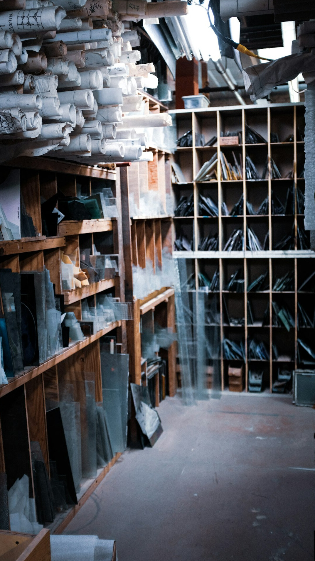 Archive room with shelves of old files and folders