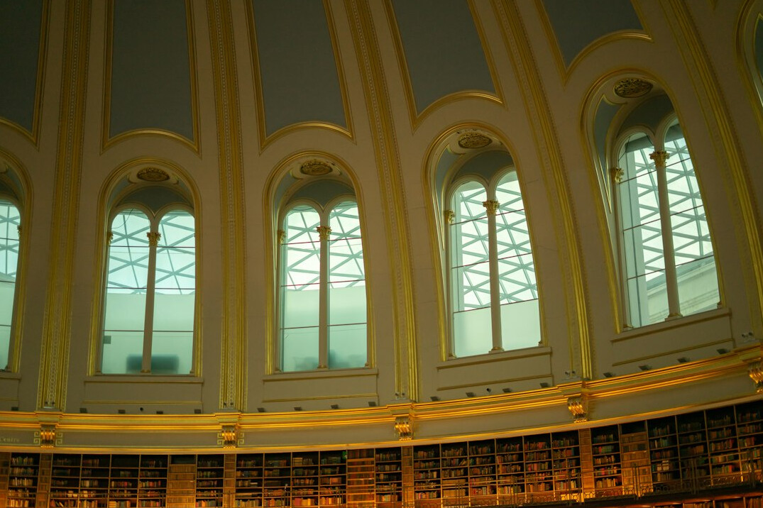 Records room with tall windows and filing shelves